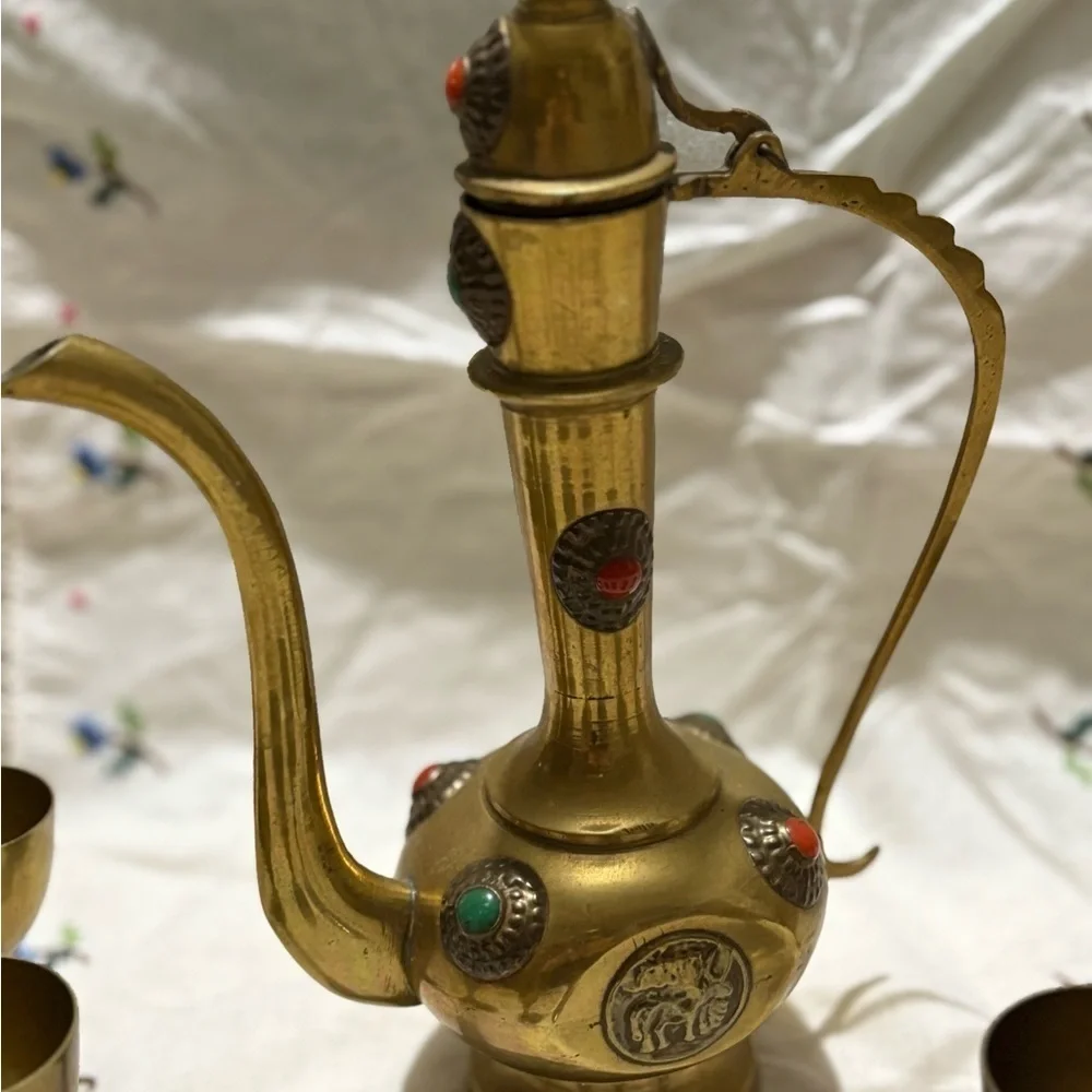 Vintage Brass Mini 8” Tea Set with Carafe and Cups - Picture 5 of 14